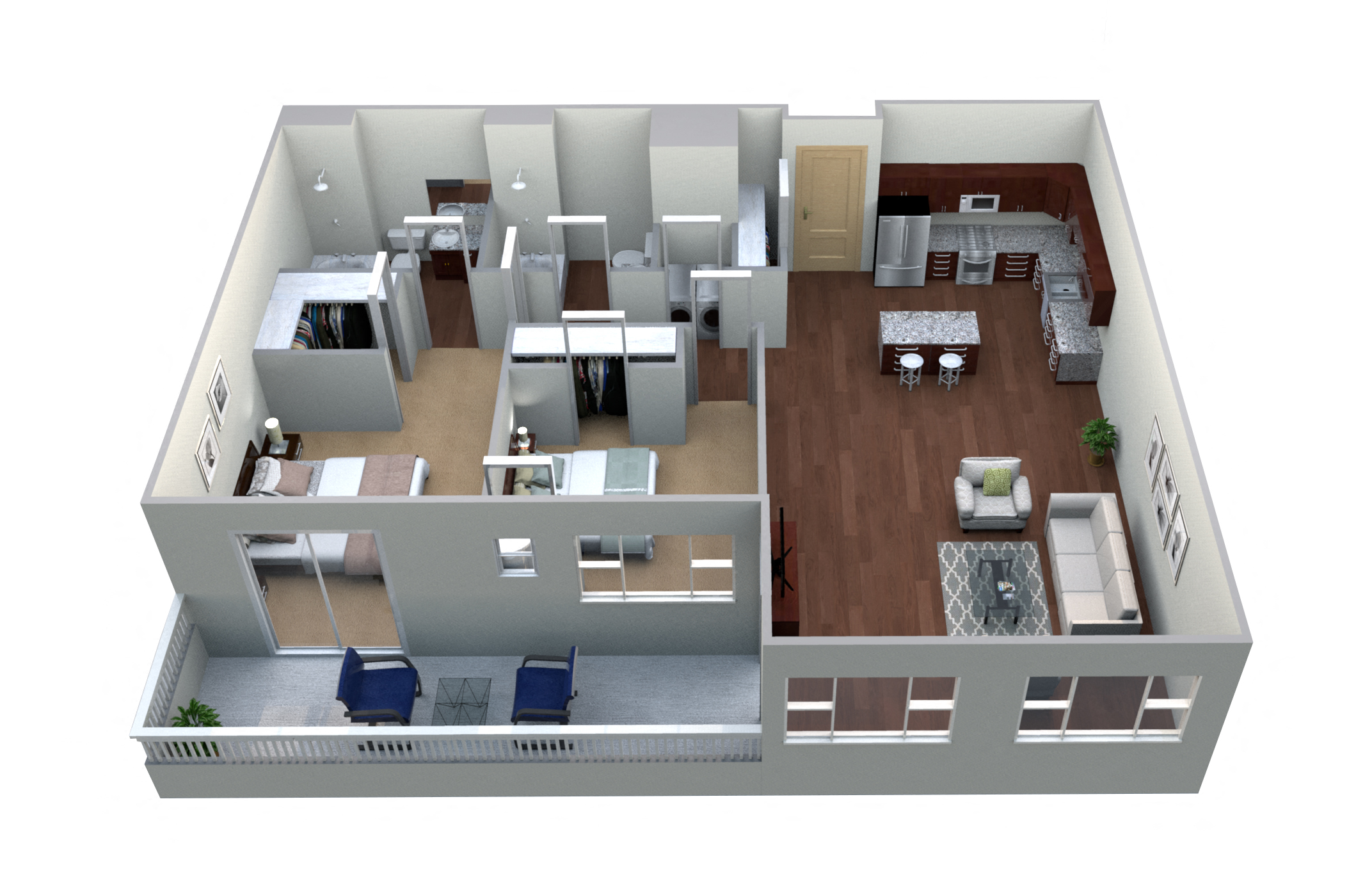 Floor plan for 2 beds, 2 baths, 1135 sqft